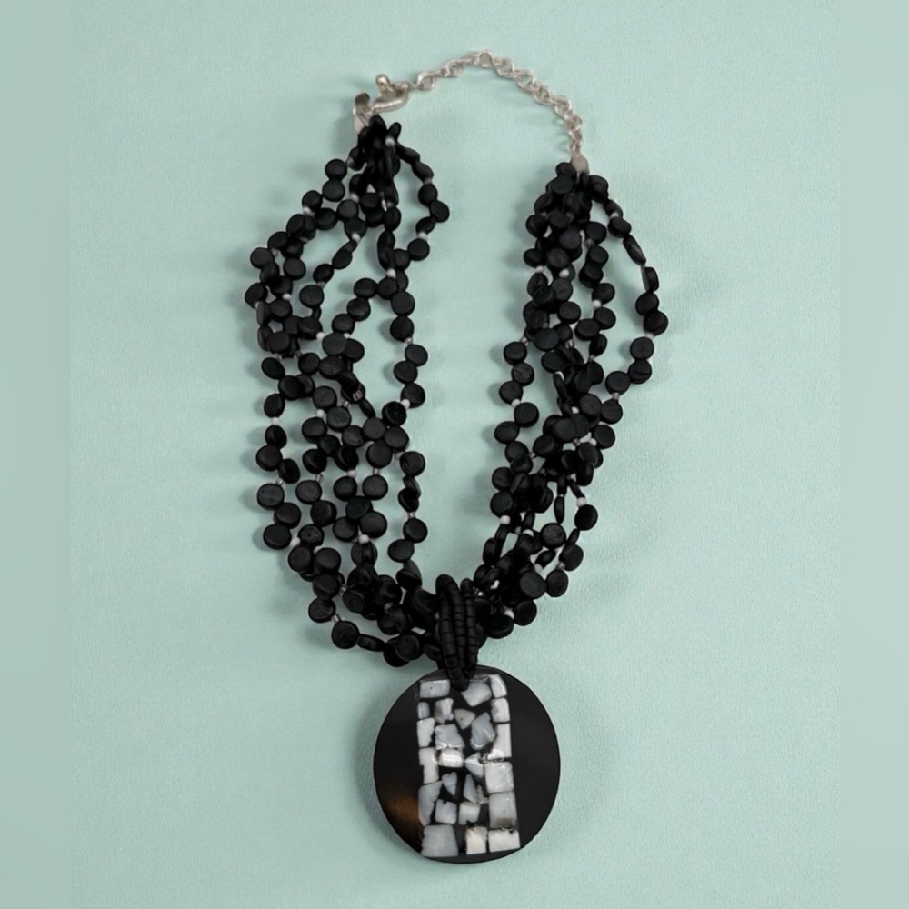 Chicos Multi-Strand Mother of Pearl Pendant Chunky Black Beaded Necklace
